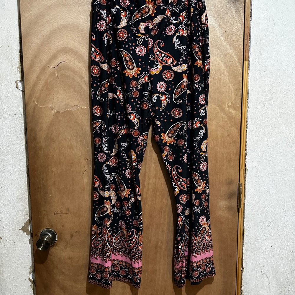 Robert Louis Womens XL Paisley Wide Leg Palazzo Pants Black Orange Pink Boho